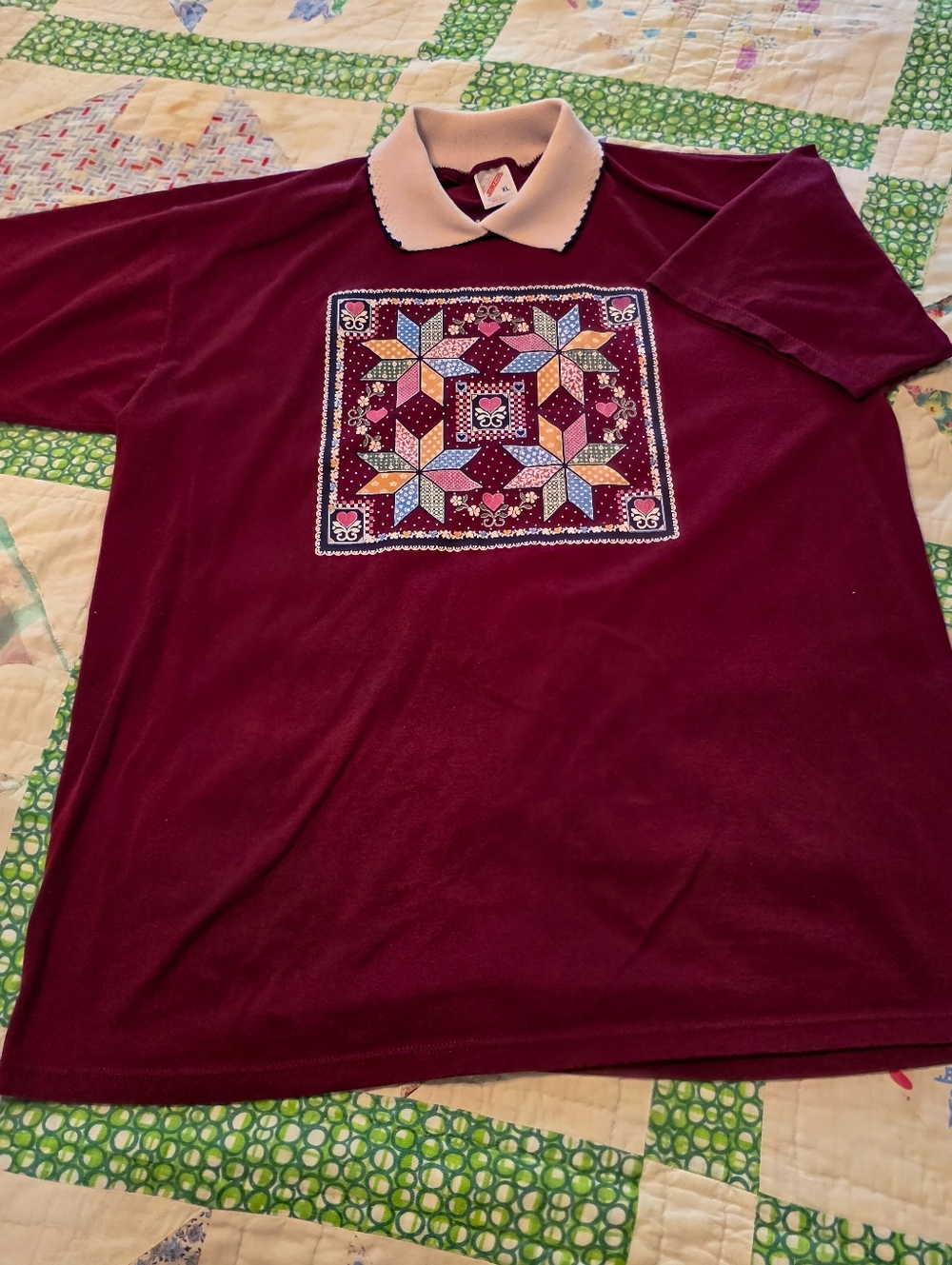 Vintage 80s/90s Jerzees Quilt Block Cottagecore Collared Tee